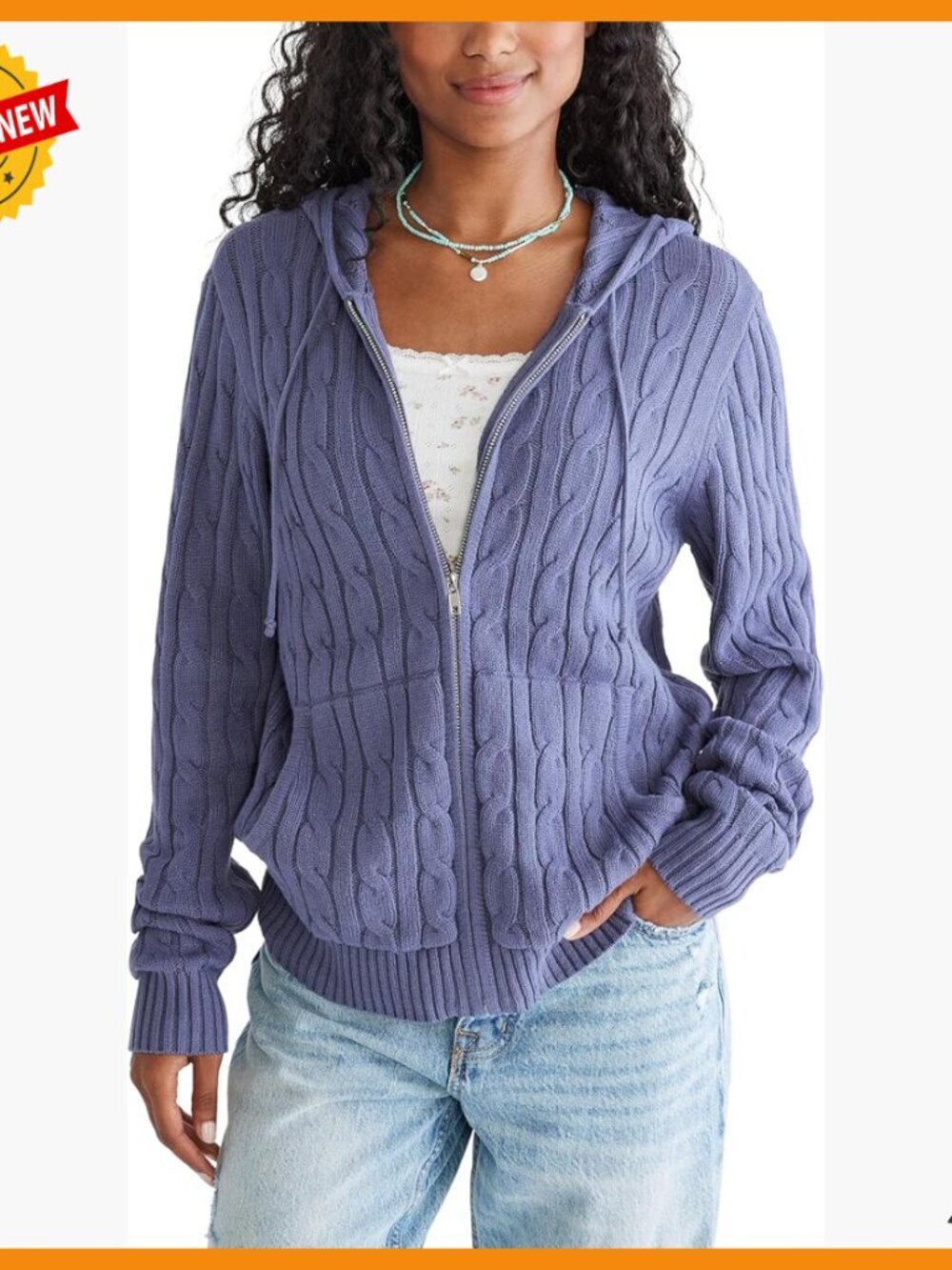 Zip Up Cable Knit Sweater Hooded Cardigan Classic Fit Front Pockets